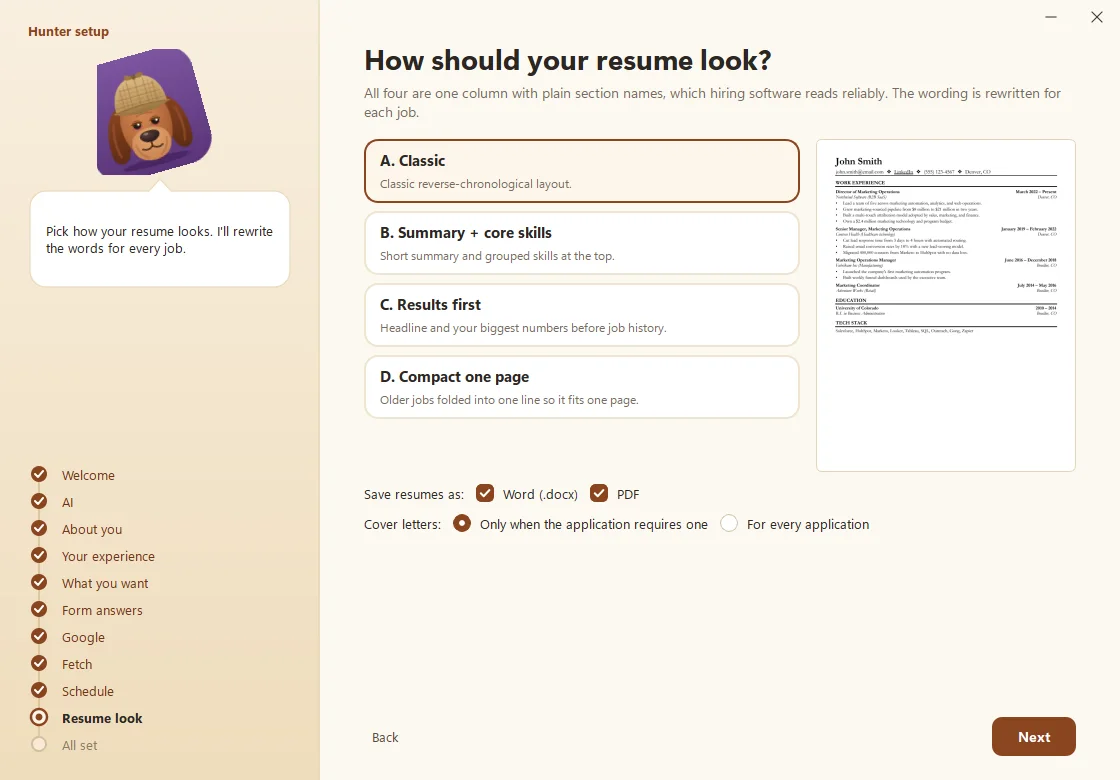 Hunter's resume look picker with four one-column templates and a preview
