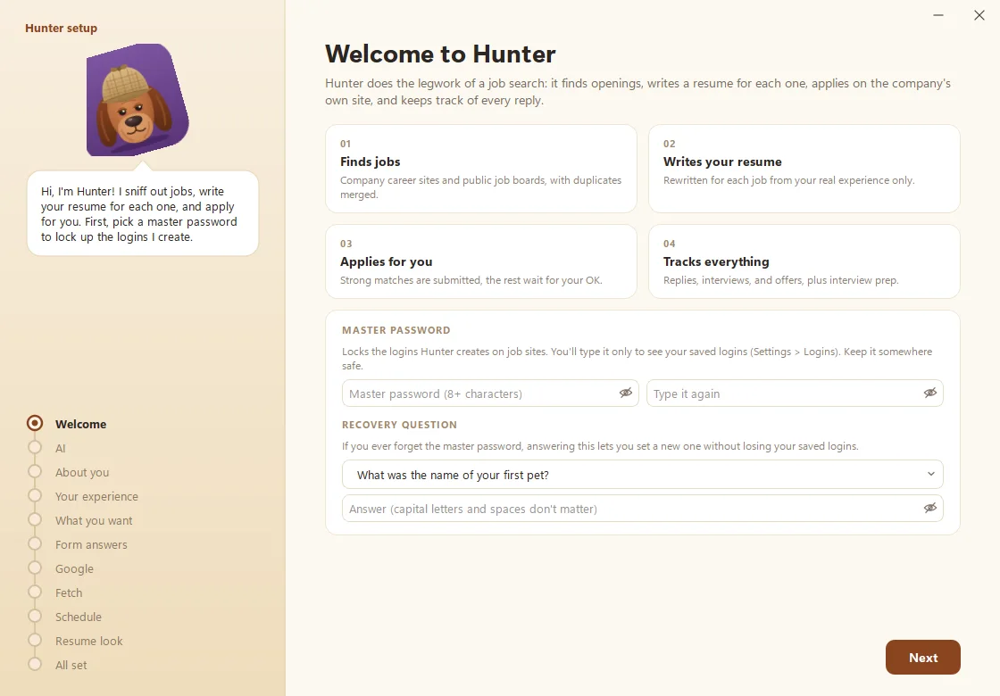 Hunter's setup guide welcome screen, with the bloodhound and the list of setup steps