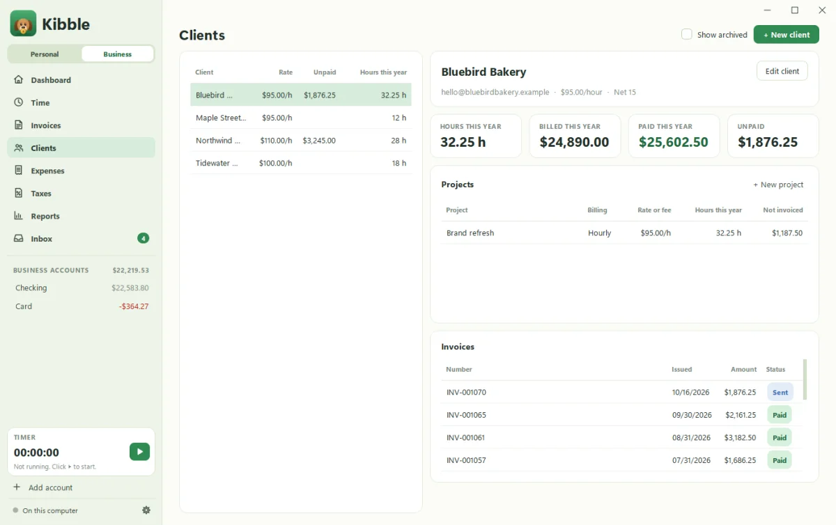 Kibble's Clients page with clients, rates and projects