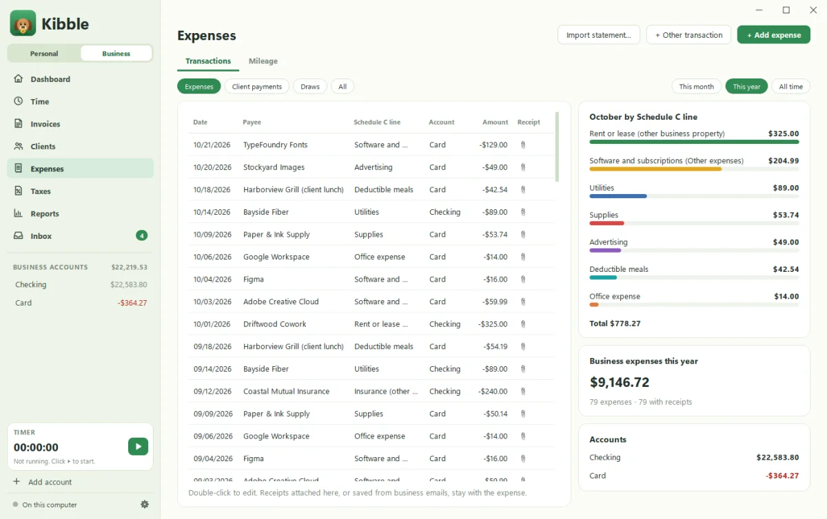 Kibble's Expenses page with business expenses by Schedule C line and an Import statement button