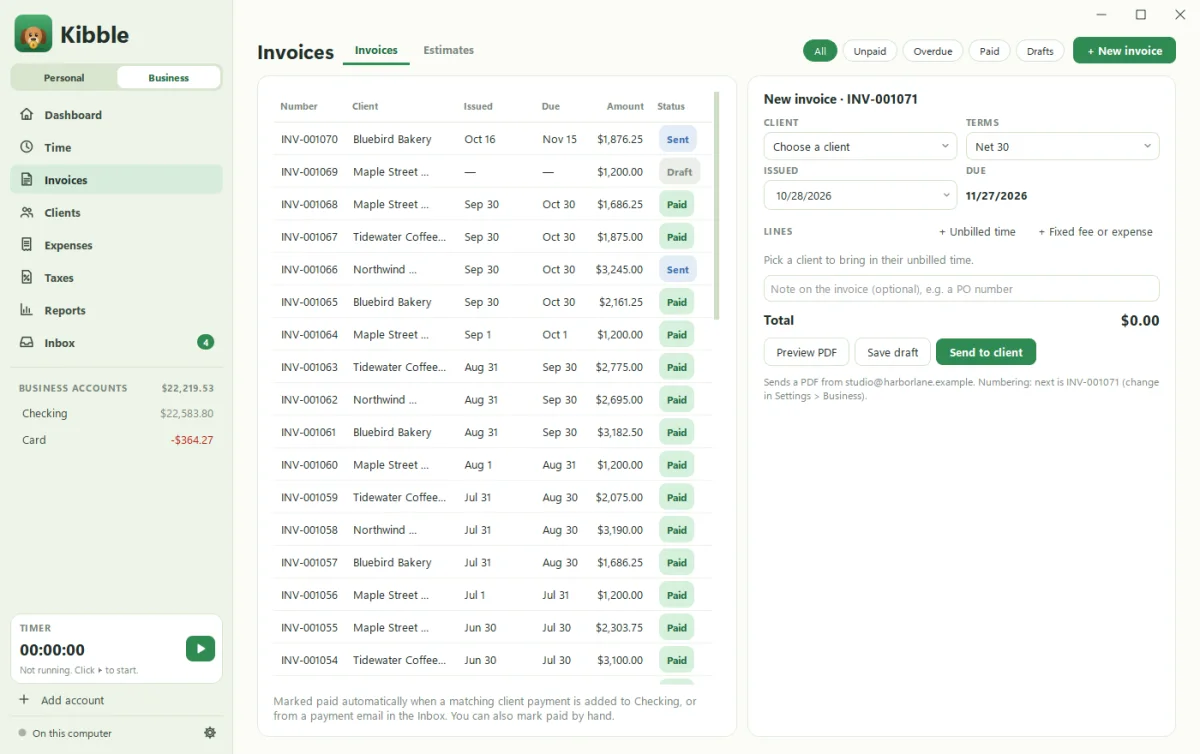 Kibble's Invoices screen with a list of invoices and their status
