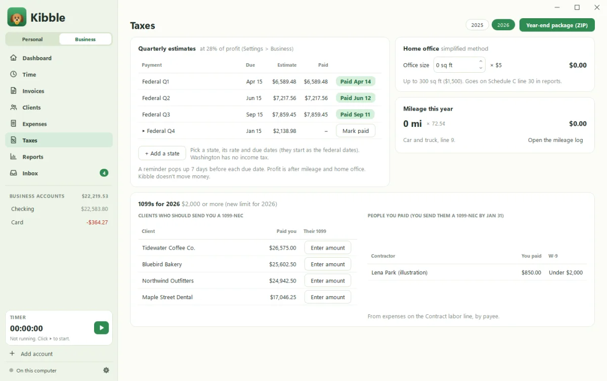Kibble's Taxes screen with quarterly estimates, payments, home office and 1099 lists