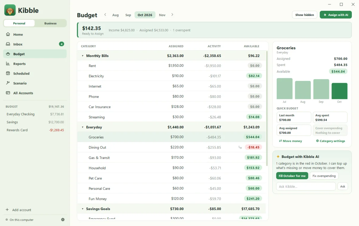 Kibble's Budget screen with categories, assigned amounts and Ready to Assign