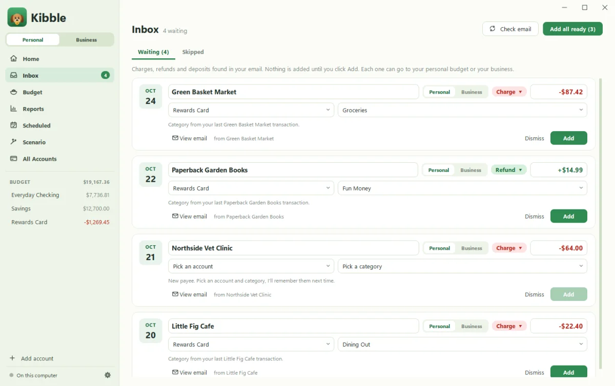 Kibble's Inbox listing charges and refunds found in Gmail, each with an Add button