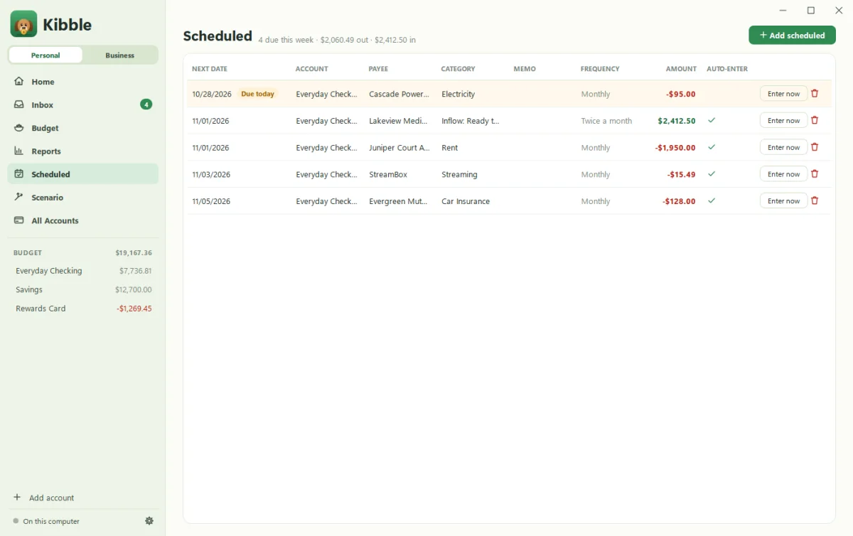 Kibble's Scheduled page with rent, insurance, electricity, streaming and paychecks, and what's due this week