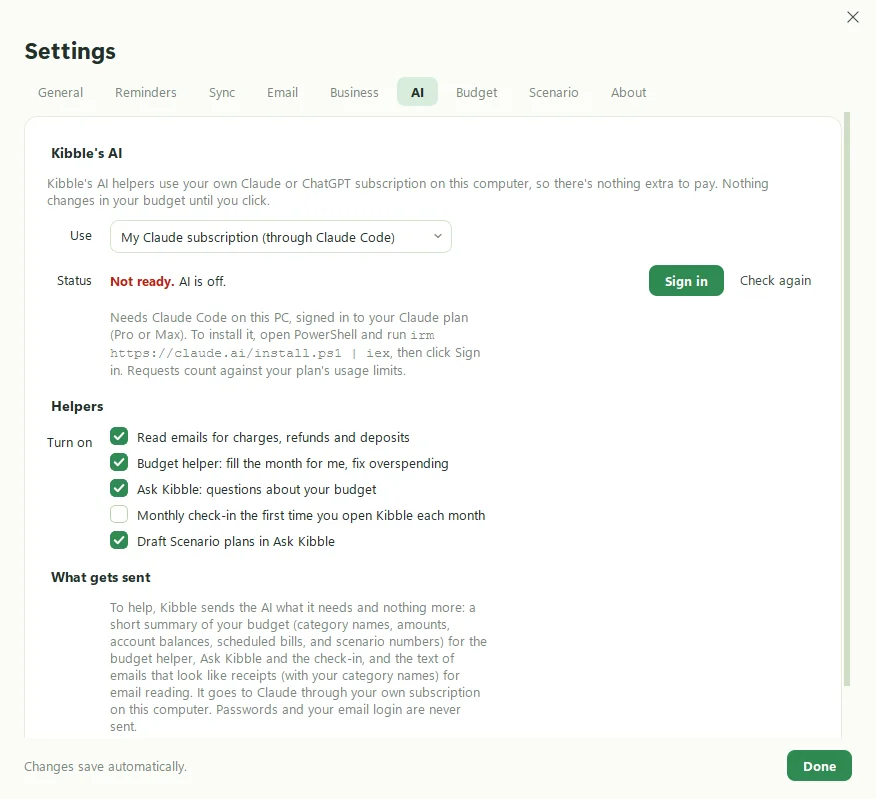 Kibble's Settings, AI tab, with a choice of Claude or ChatGPT, a Sign in button and a switch for each AI helper