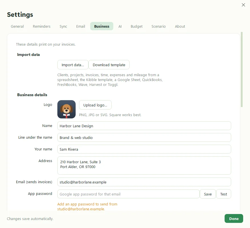 Kibble's Settings, Business tab, with business details, invoice email, terms, numbering and Clockify