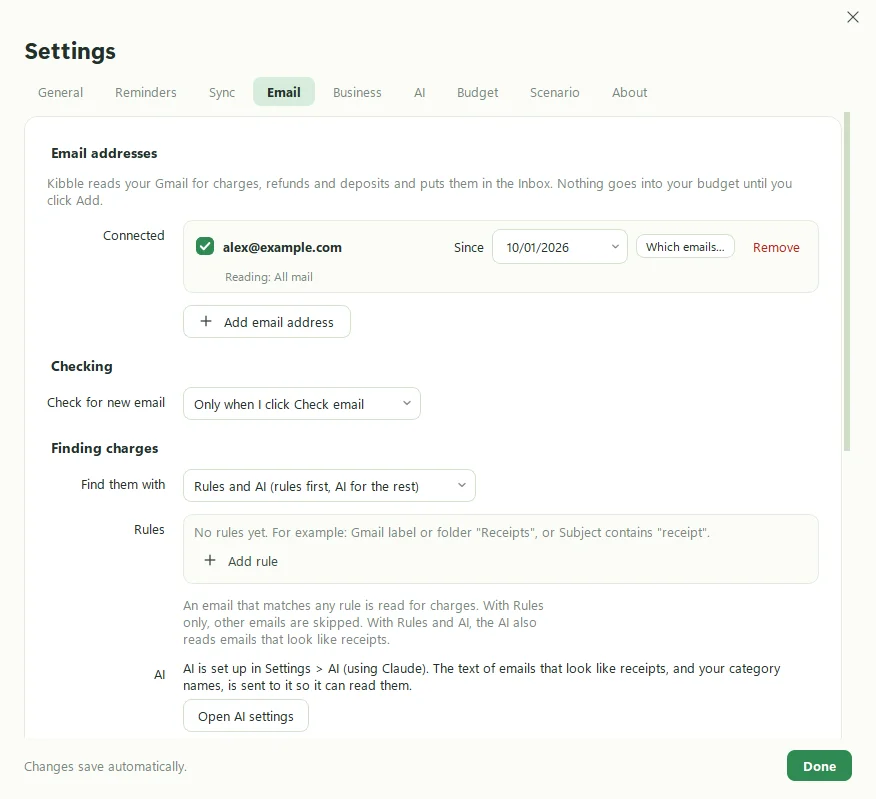Kibble's Settings, Email tab, with a connected Gmail address, check frequency and finding-charges options