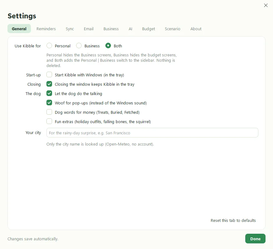 Kibble's Settings, General tab, with Personal, Business or Both and start-up options