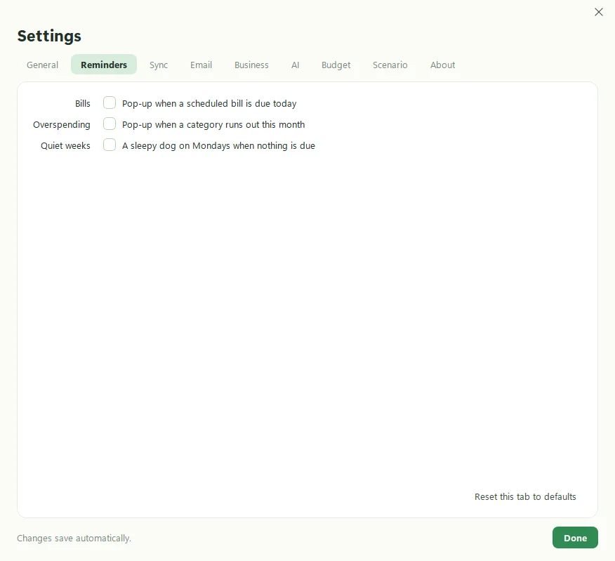 Kibble's Settings, Reminders tab, with bill, overspending and quiet week pop-ups