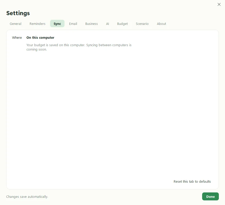 Kibble's Settings, Sync tab, saying the budget is on this computer and syncing is coming soon